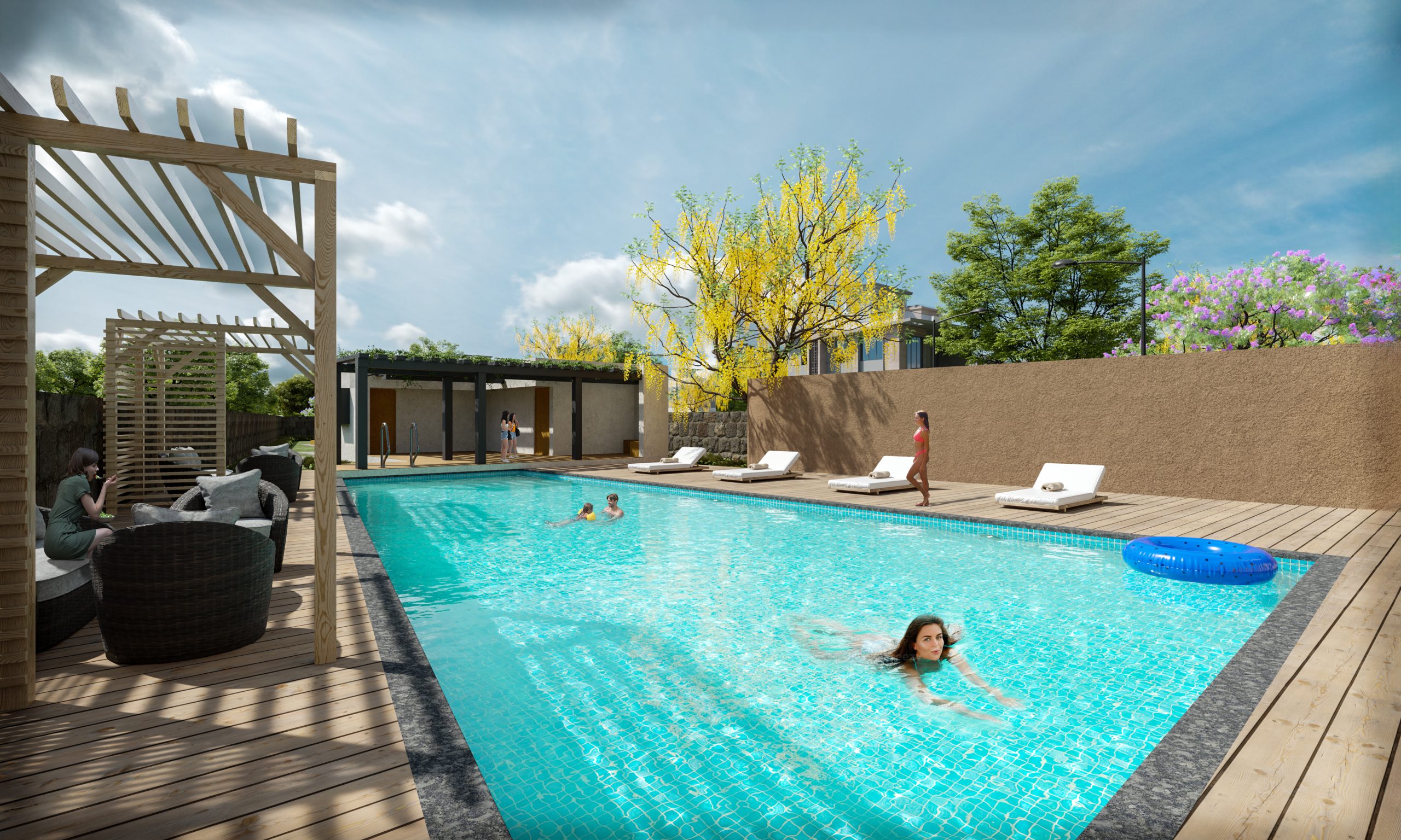 Swimming pool amenity in a residential community, highlighting the importance of evaluating amenities before buying property in Pune.