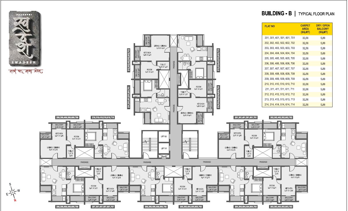 Swadesh Building B typical floor plan — flat layout and carpet areas, Kanhe Phata