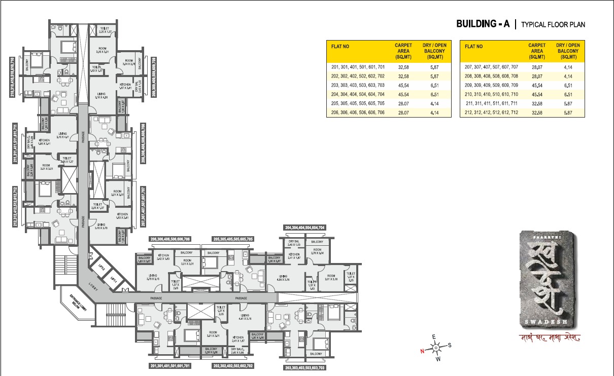 Swadesh Building A typical floor plan — flat layout and carpet areas, Kanhe Phata