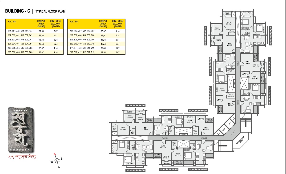 Swadesh Building C typical floor plan — flat layout and carpet areas, Kanhe Phata