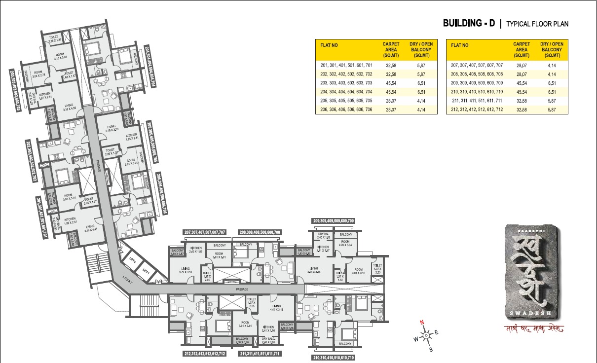 Swadesh Building D typical floor plan — flat layout and carpet areas, Kanhe Phata