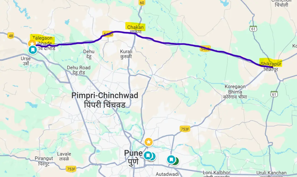 Map showing the Talegaon-Chakan-Shikrapur Highway corridor connecting Talegaon, Chakan, and Shikrapur near Pune, highlighting an important route for buyers exploring plots for sale in Pune.