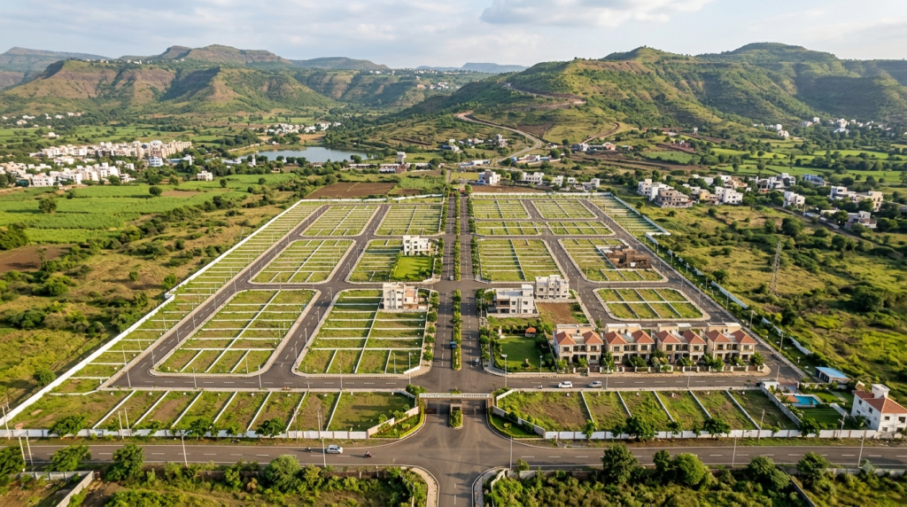 Plots in Talegaon Dabhade with developed roads and residential surroundings.